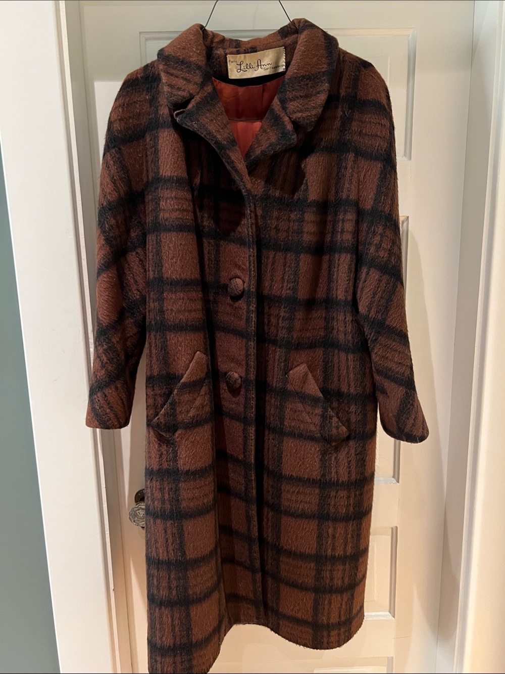 Vintage Lilli Ann Brown & Black Plaid Long Wool Coat- wool